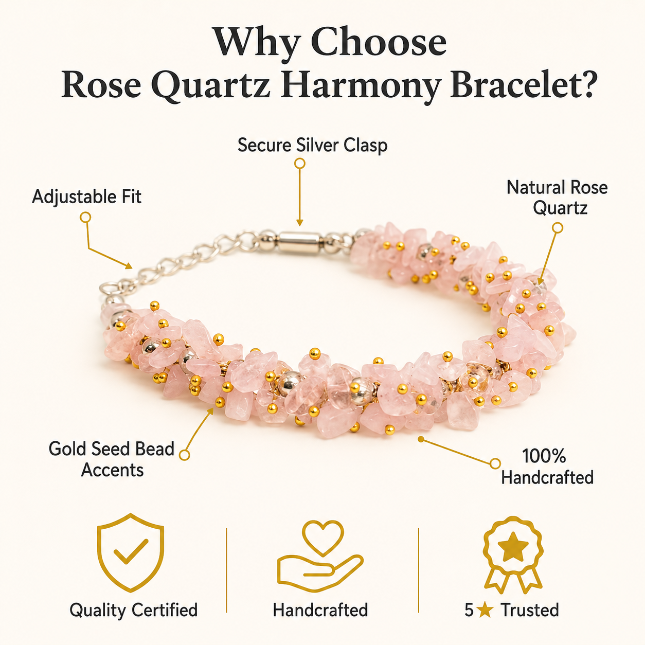 Rose Quartz Crystal Chip Bracelet with Gold Seed Beads – Love & Harmony Healing Bracelet