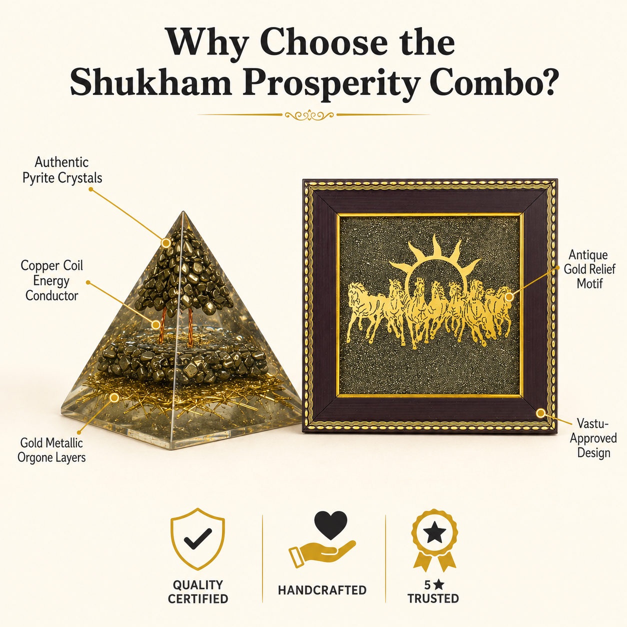 Pyrite Orgonite Money Magnet Pyramid & Seven Running Horses Wall Frame – Prosperity & Abundance Combo Set