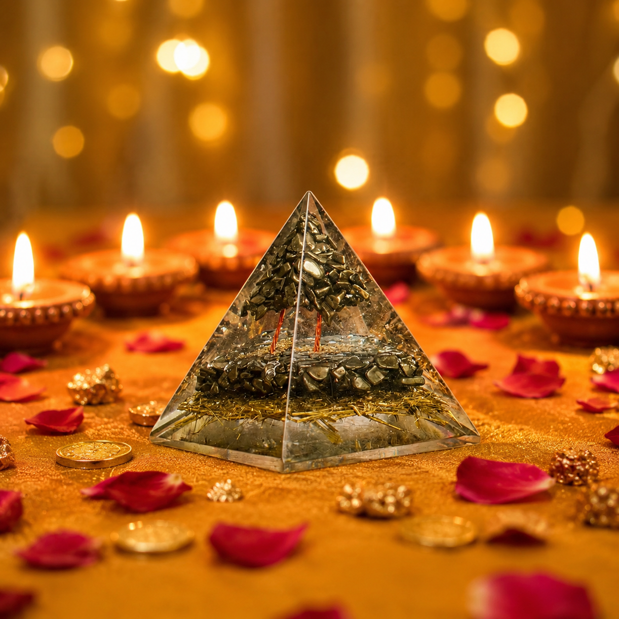 Pyrite Orgonite Pyramid | Prosperity & Abundance Energy Pyramid with Gold Rutile & Copper Coil