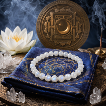 Shukham Natural Rainbow Moonstone Bracelet – Adularescence Crystal Healing Bead Bracelet for Positivity & Protection