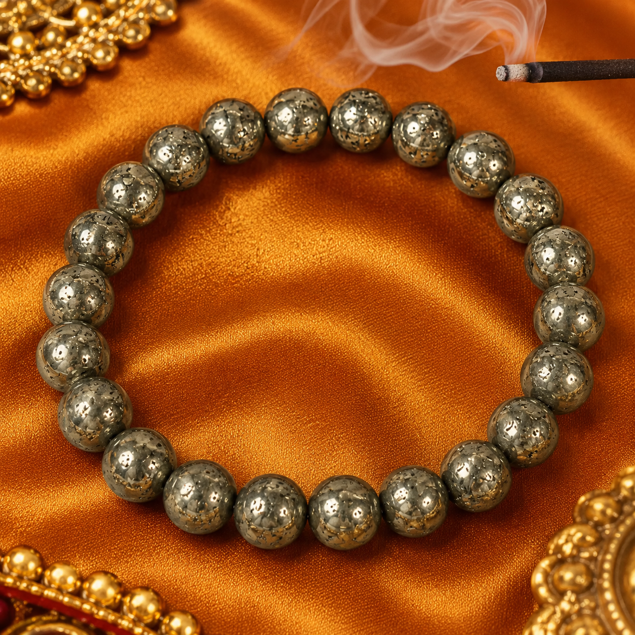 Shukham Natural Raw Pyrite Crystal Bracelet with Free Selenite Plate – 8mm Stretch-Fit Energy Cleansing Bracelet