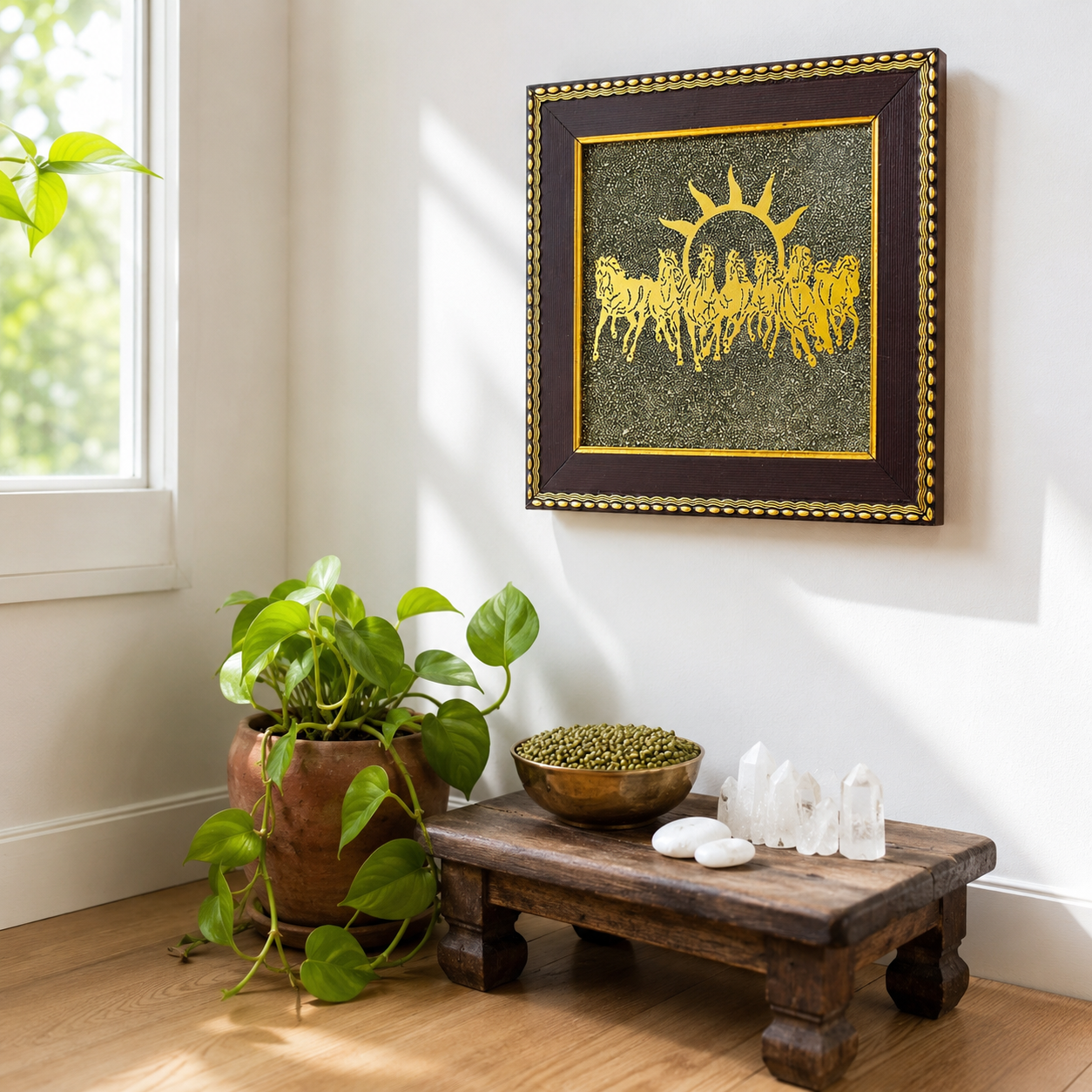 Maha Lakshmi Seven Horses Pyrite Frame - Invite boundless prosperity and unstoppable energy into your home