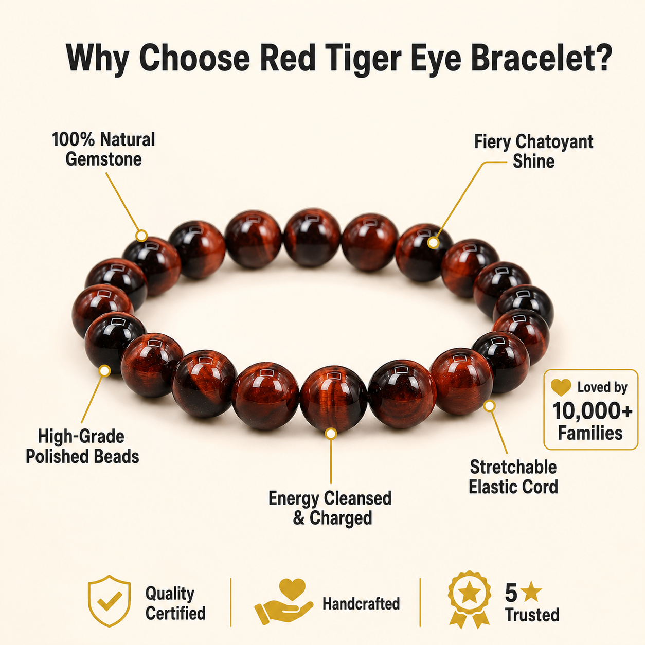 Red Tiger Eye Bracelet – Natural Gemstone Protection & Confidence Bracelet for Men & Women