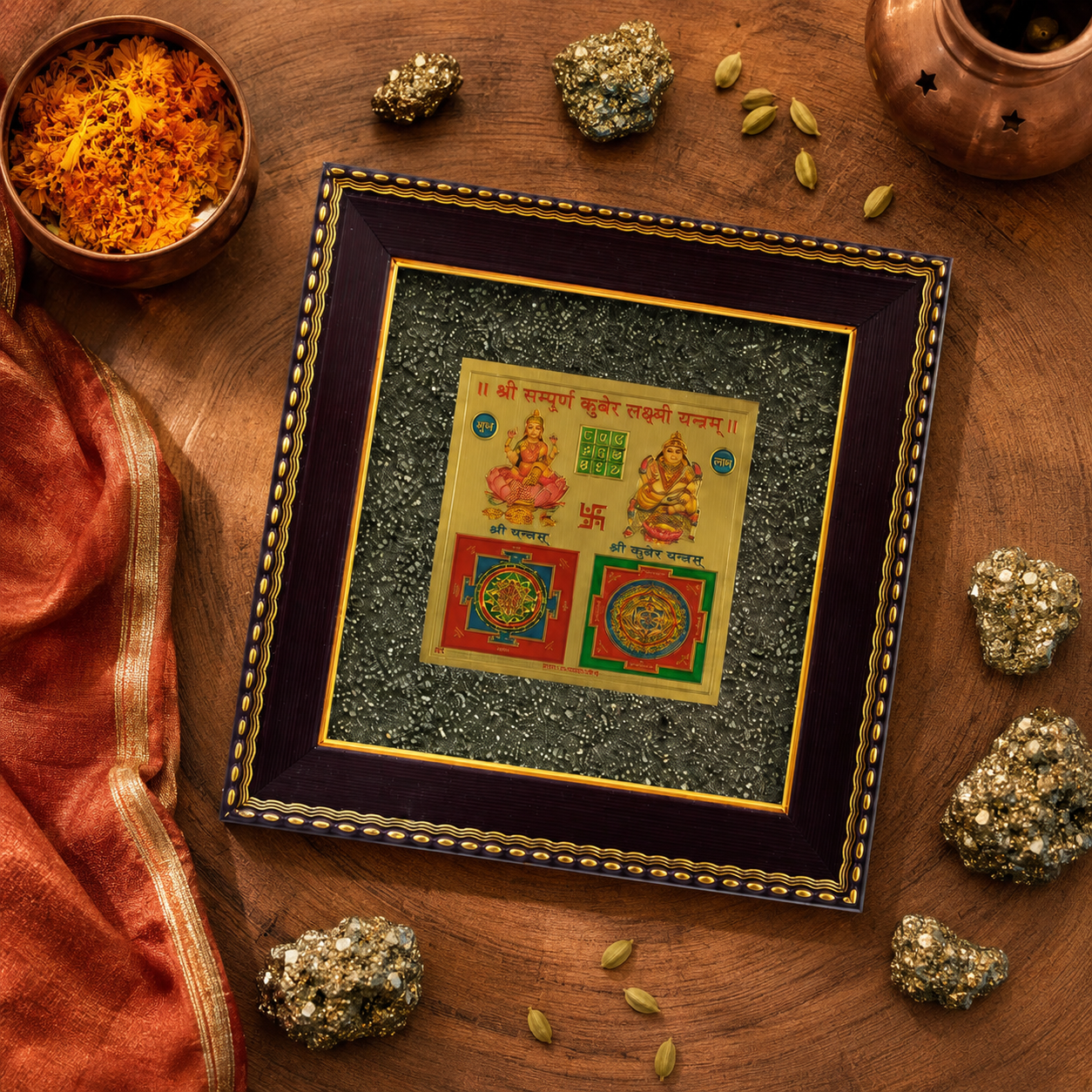 Shri Sampurna Kuber Lakshmi Yantra Pyrite Frame – Framed Wealth & Prosperity Wall Yantra