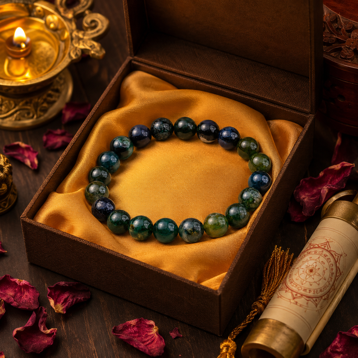 Shukham Natural Moss Agate Crystal Bracelet for Growth & Balance | 8mm Round Beads Stretch Bracelet