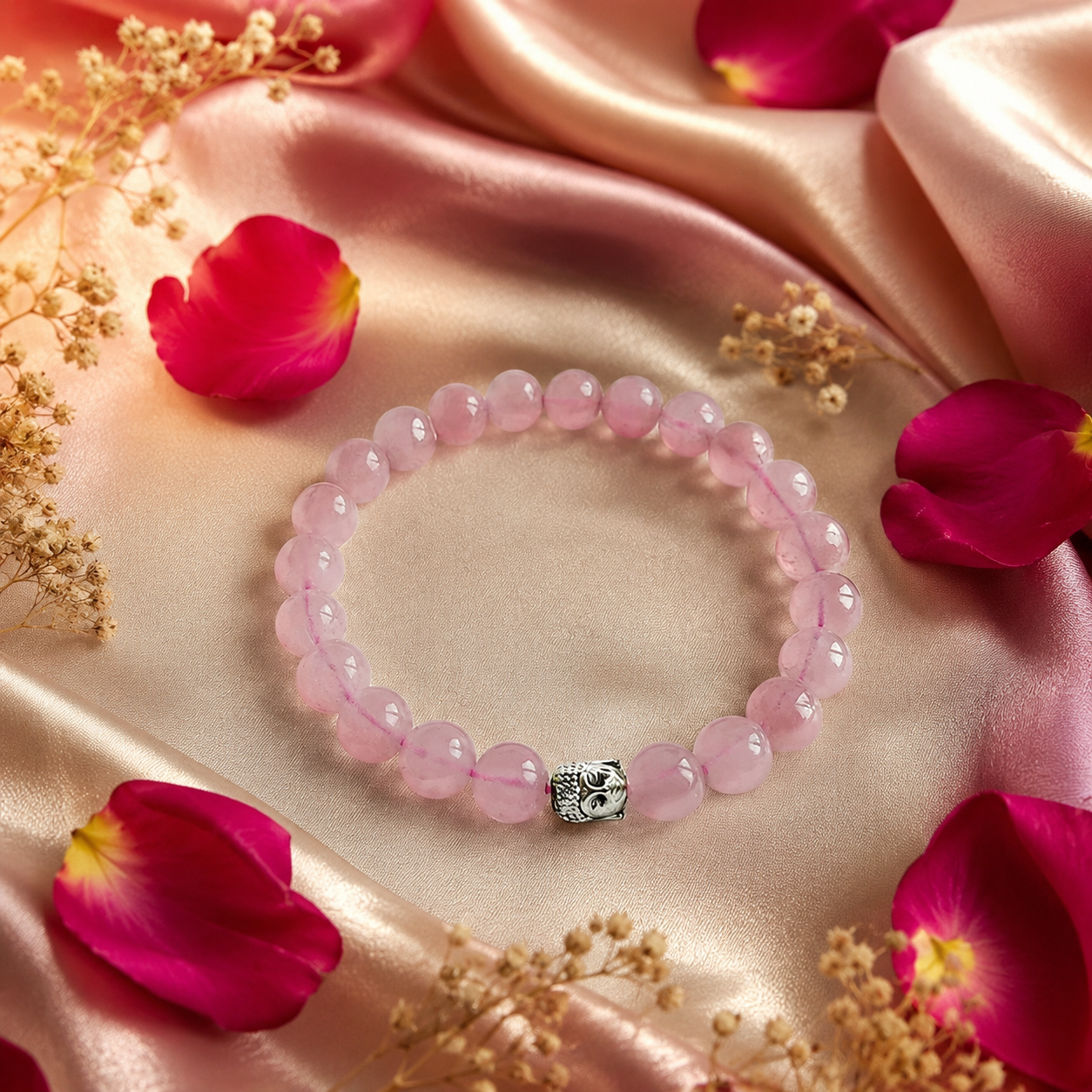 Rose Quartz Love Attraction Bracelet with Silver Buddha Bead | Relationship Healing Crystal Bracelet