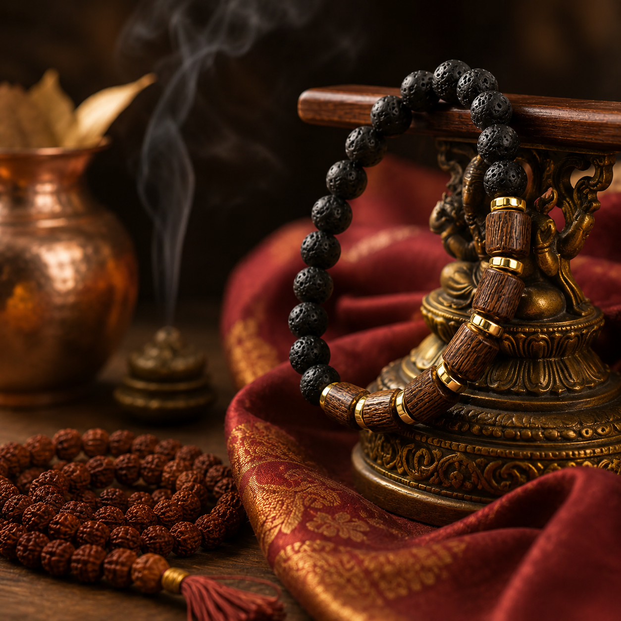 Shukham Natural Lava Stone & Wooden Bead Bracelet for Men – Spiritual Protection Bracelet with Gold Accents