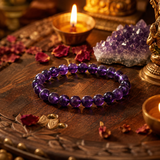 Shukham Natural Amethyst Crystal Bracelet – Polished Gemstone Beads for Positive Energy & Spiritual Protection