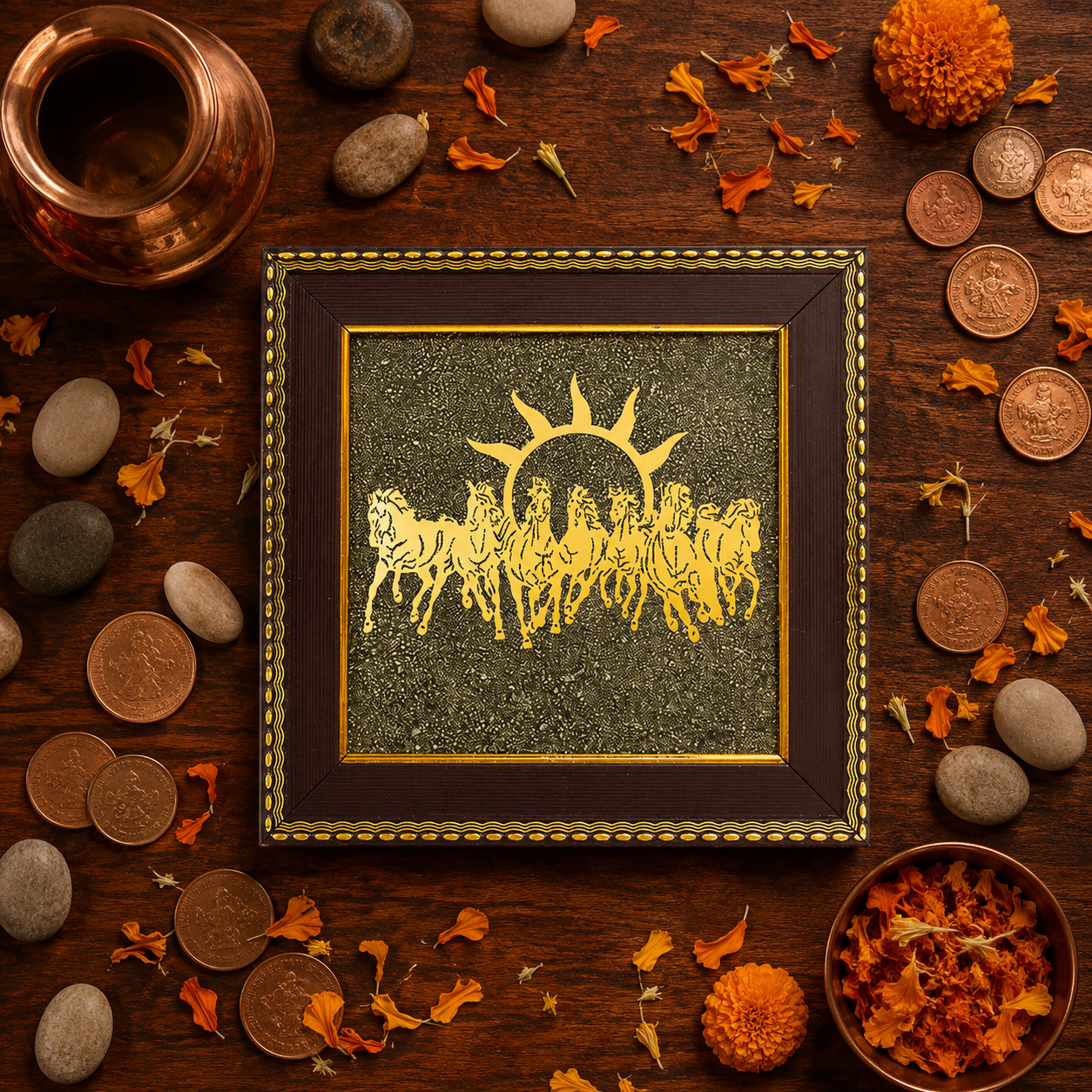 Maha Lakshmi Seven Horses Pyrite Frame - Invite boundless prosperity and unstoppable energy into your home