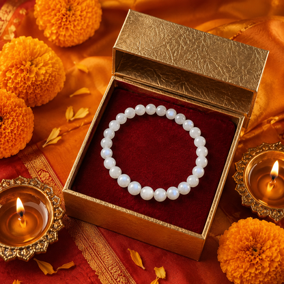 Shukham Natural Rainbow Moonstone Bracelet – Adularescence Crystal Healing Bead Bracelet for Positivity & Protection