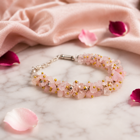 Rose Quartz Crystal Chip Bracelet with Gold Seed Beads – Love & Harmony Healing Bracelet