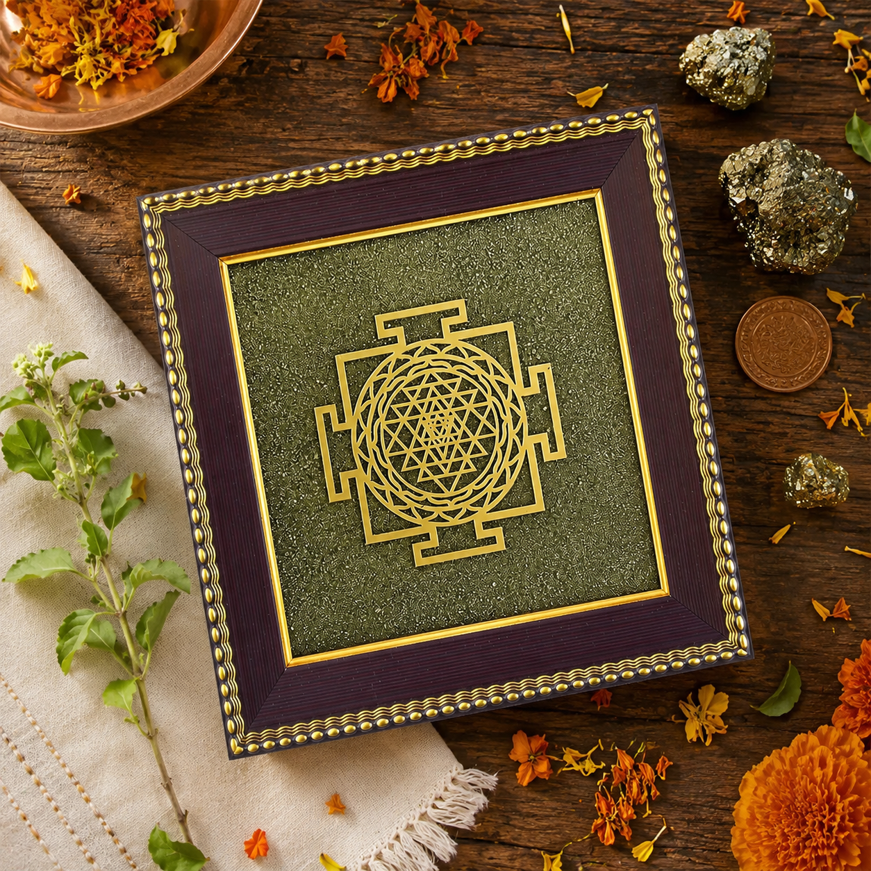 Sri Yantra On Raw Pyrite Frame for Sacred Energy - Invite abundance and divine energy into your home