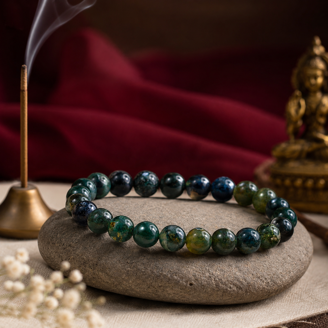 Shukham Natural Moss Agate Crystal Bracelet for Growth & Balance | 8mm Round Beads Stretch Bracelet