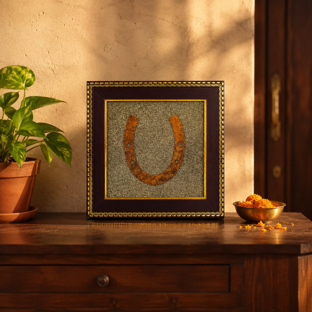 Ghode ki Naal Raw Pyrite Frame -  Ward off negativity with this striking Kala Ghoda Naal