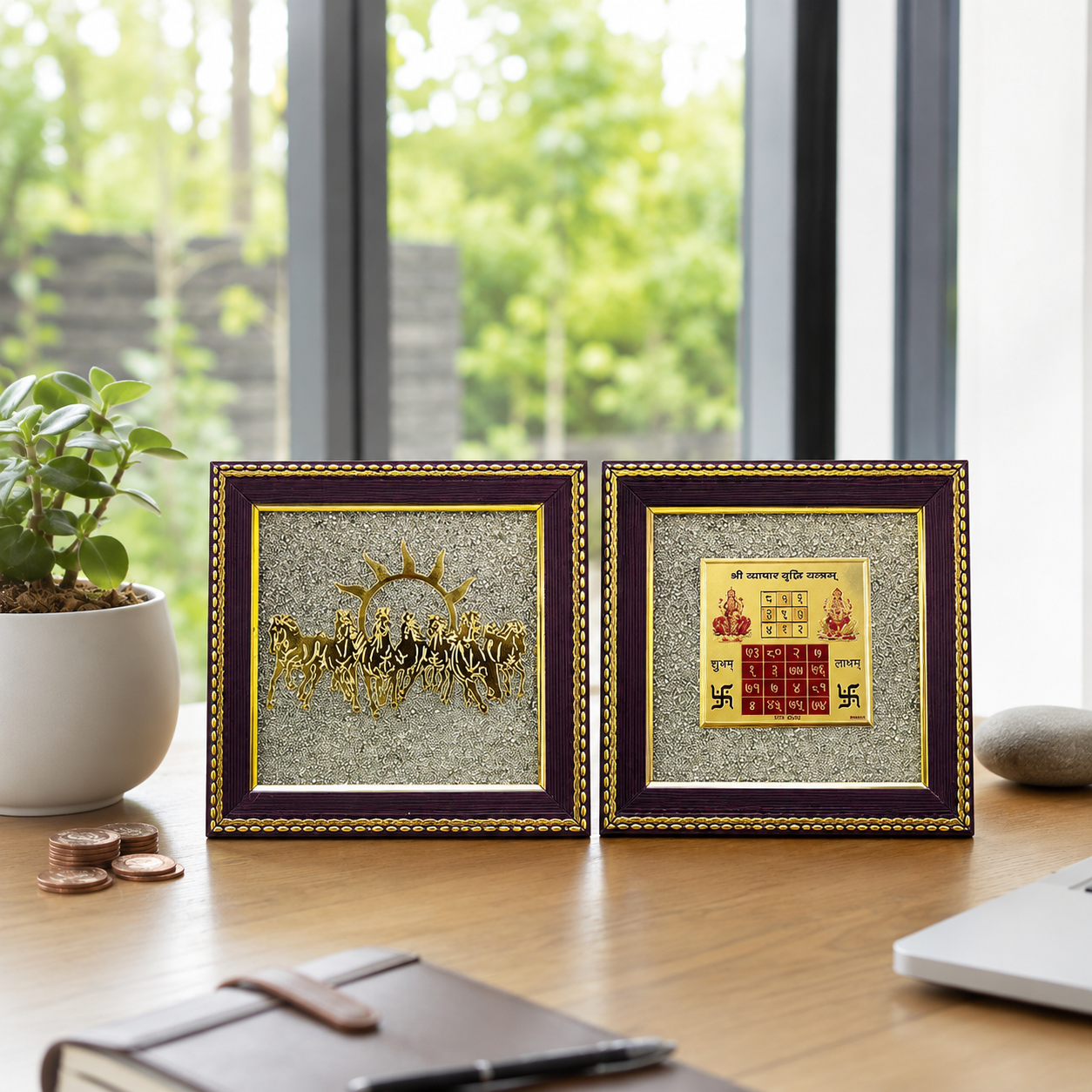 7 Horses Raw Pyrite Frame With Vyapar Vridhi Combo for Prosperity & Success