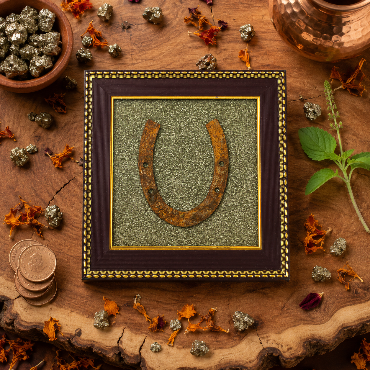 Ghode ki Naal Raw Pyrite Frame -  Ward off negativity with this striking Kala Ghoda Naal