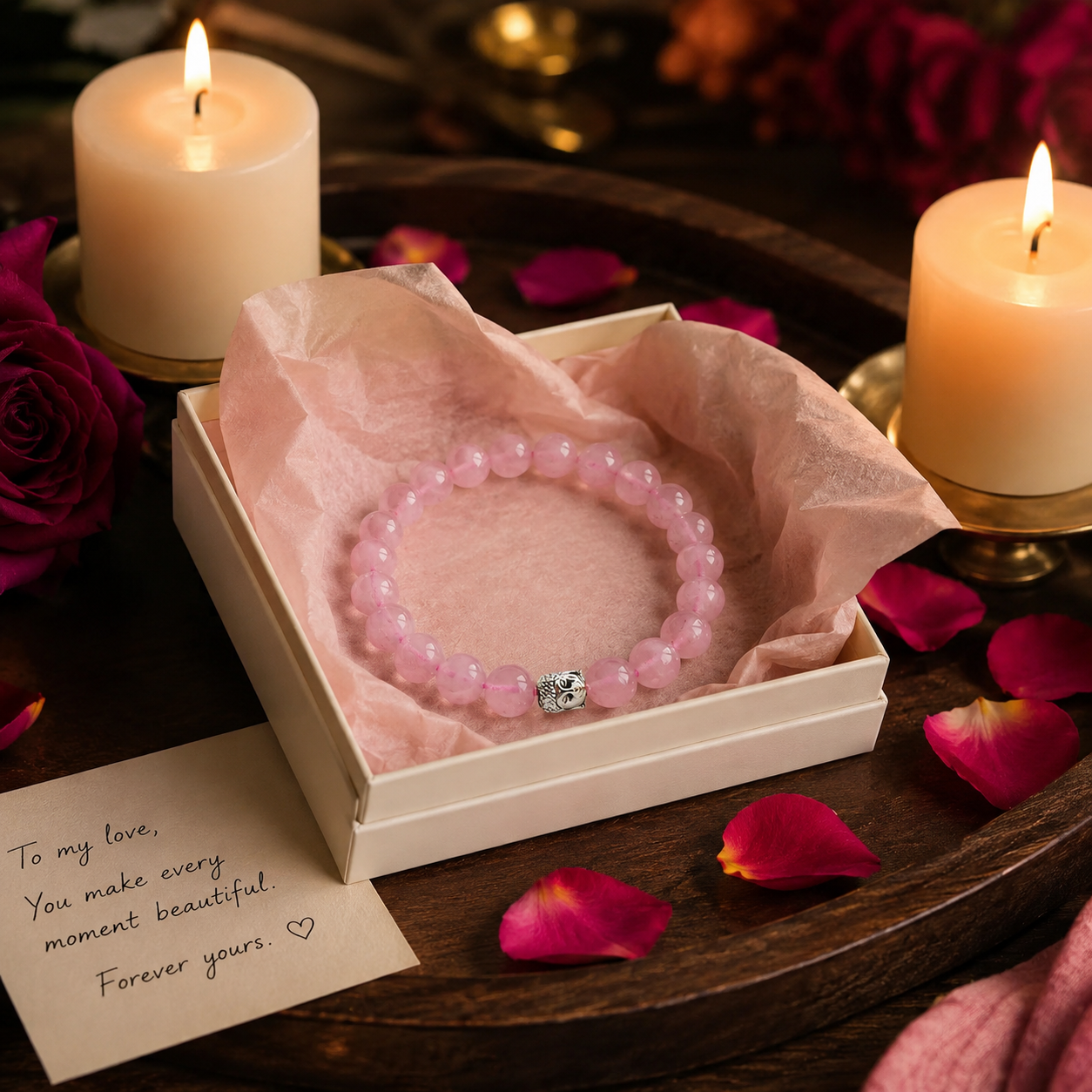 Rose Quartz Love Attraction Bracelet with Silver Buddha Bead | Relationship Healing Crystal Bracelet