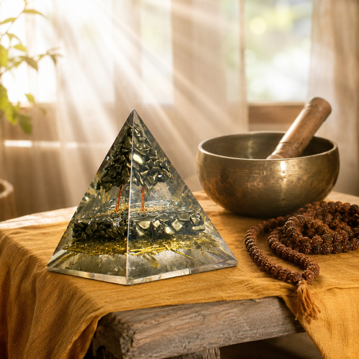Pyrite Orgonite Pyramid | Prosperity & Abundance Energy Pyramid with Gold Rutile & Copper Coil