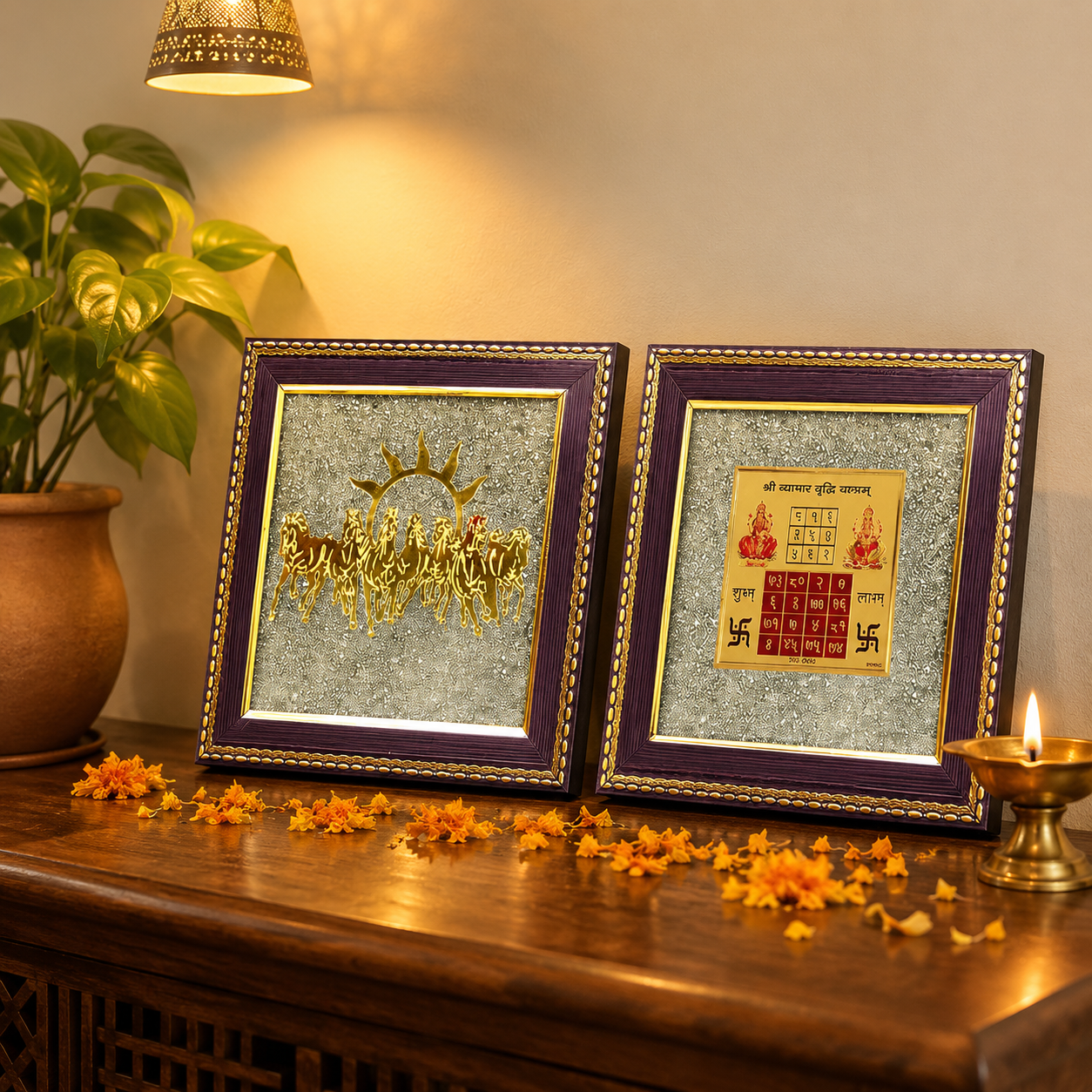 7 Horses Raw Pyrite Frame With Vyapar Vridhi Combo for Prosperity & Success