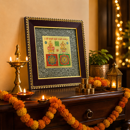 Shri Sampurna Kuber Lakshmi Yantra Pyrite Frame – Framed Wealth & Prosperity Wall Yantra