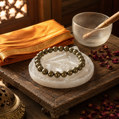 Shukham Natural Raw Pyrite Crystal Bracelet with Free Selenite Plate – 8mm Stretch-Fit Energy Cleansing Bracelet