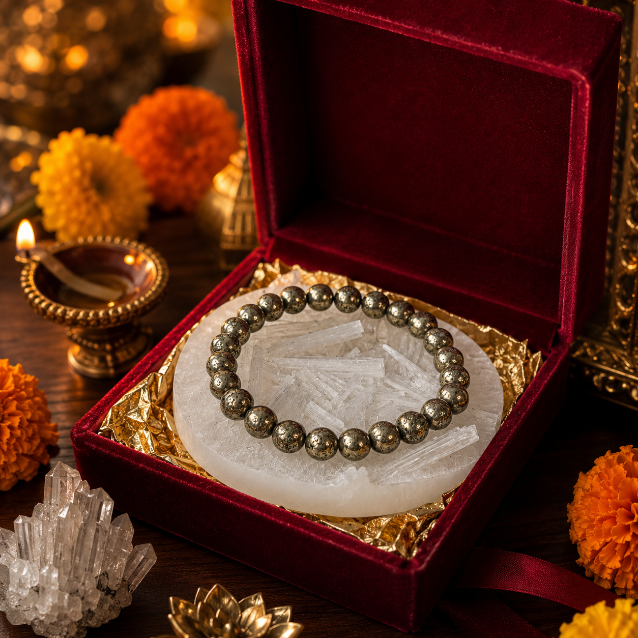 Shukham Natural Raw Pyrite Crystal Bracelet with Free Selenite Plate – 8mm Stretch-Fit Energy Cleansing Bracelet