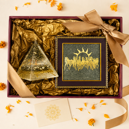 Pyrite Orgonite Money Magnet Pyramid & Seven Running Horses Wall Frame – Prosperity & Abundance Combo Set