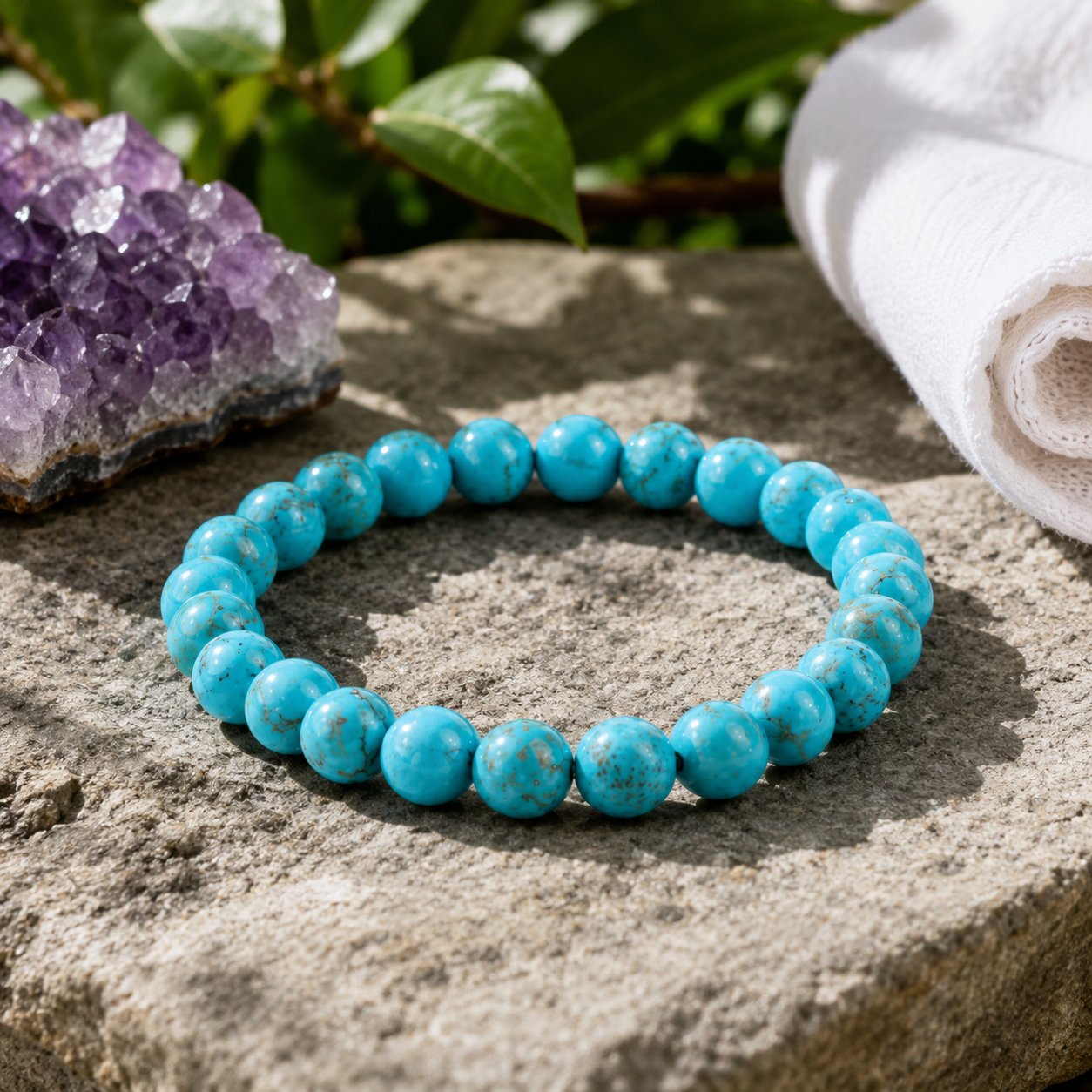 Shukham Natural Turquoise Stone Bracelet – 8mm Beads Elastic Stretch Crystal Healing Wristband