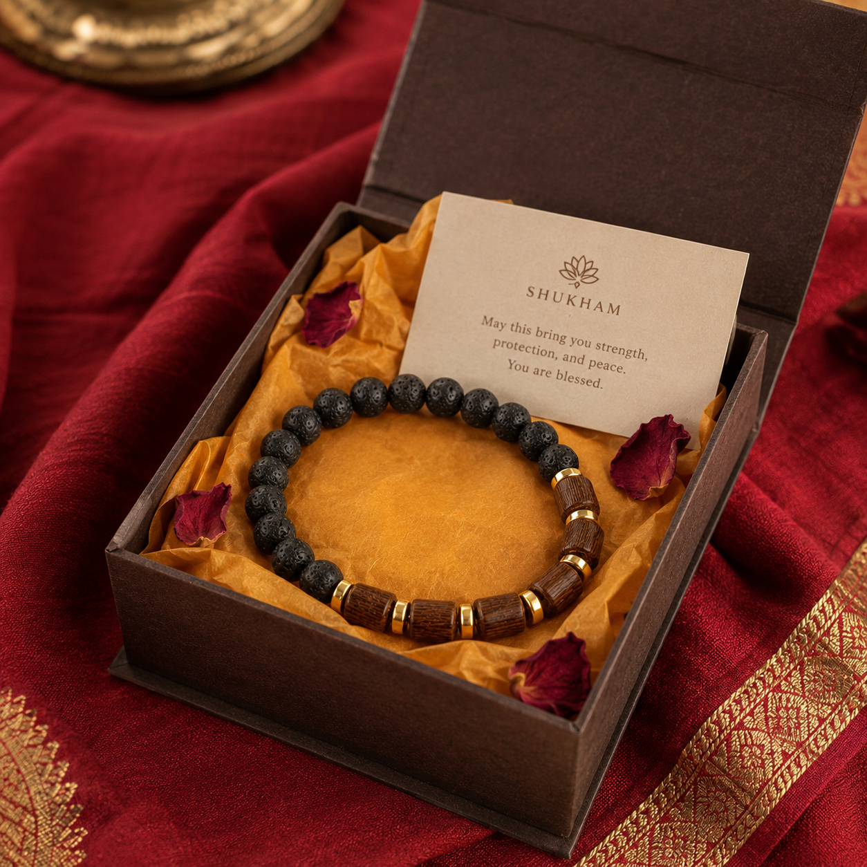 Shukham Natural Lava Stone & Wooden Bead Bracelet for Men – Spiritual Protection Bracelet with Gold Accents