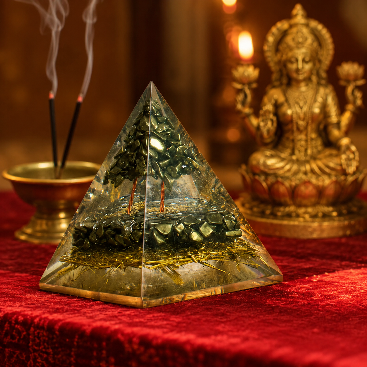 Pyrite Orgonite Pyramid | Prosperity & Abundance Energy Pyramid with Gold Rutile & Copper Coil
