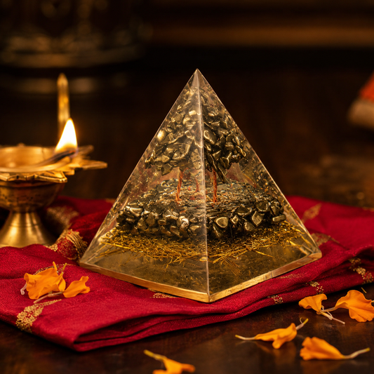 Pyrite Orgonite Pyramid | Prosperity & Abundance Energy Pyramid with Gold Rutile & Copper Coil
