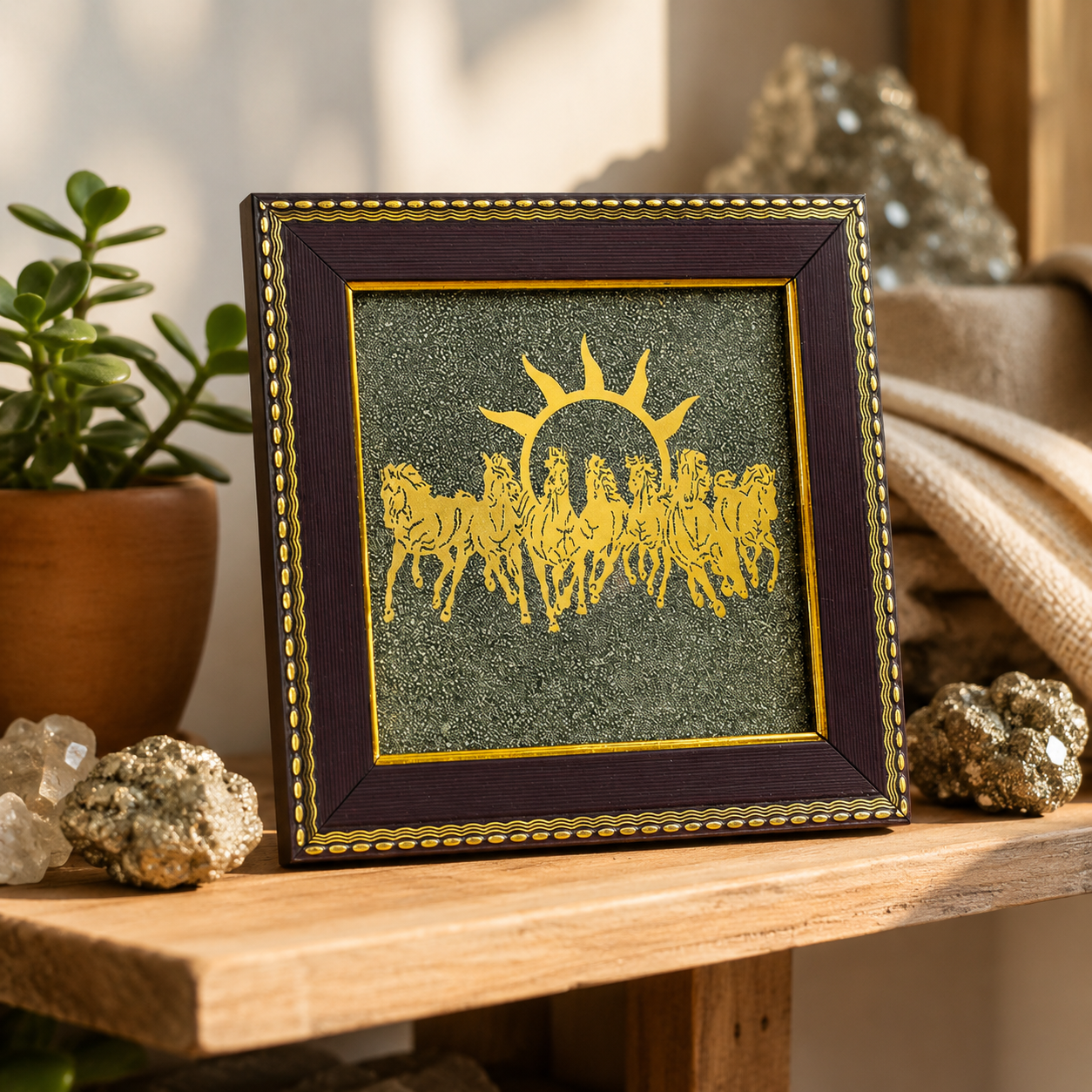 Maha Lakshmi Seven Horses Pyrite Frame - Invite boundless prosperity and unstoppable energy into your home