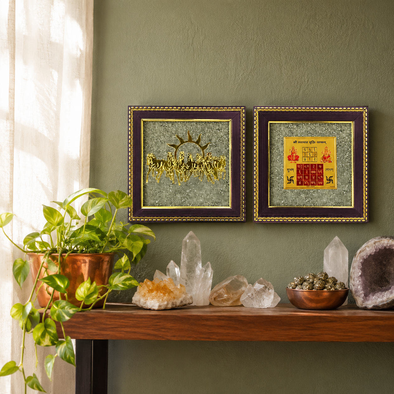 7 Horses Raw Pyrite Frame With Vyapar Vridhi Combo for Prosperity & Success