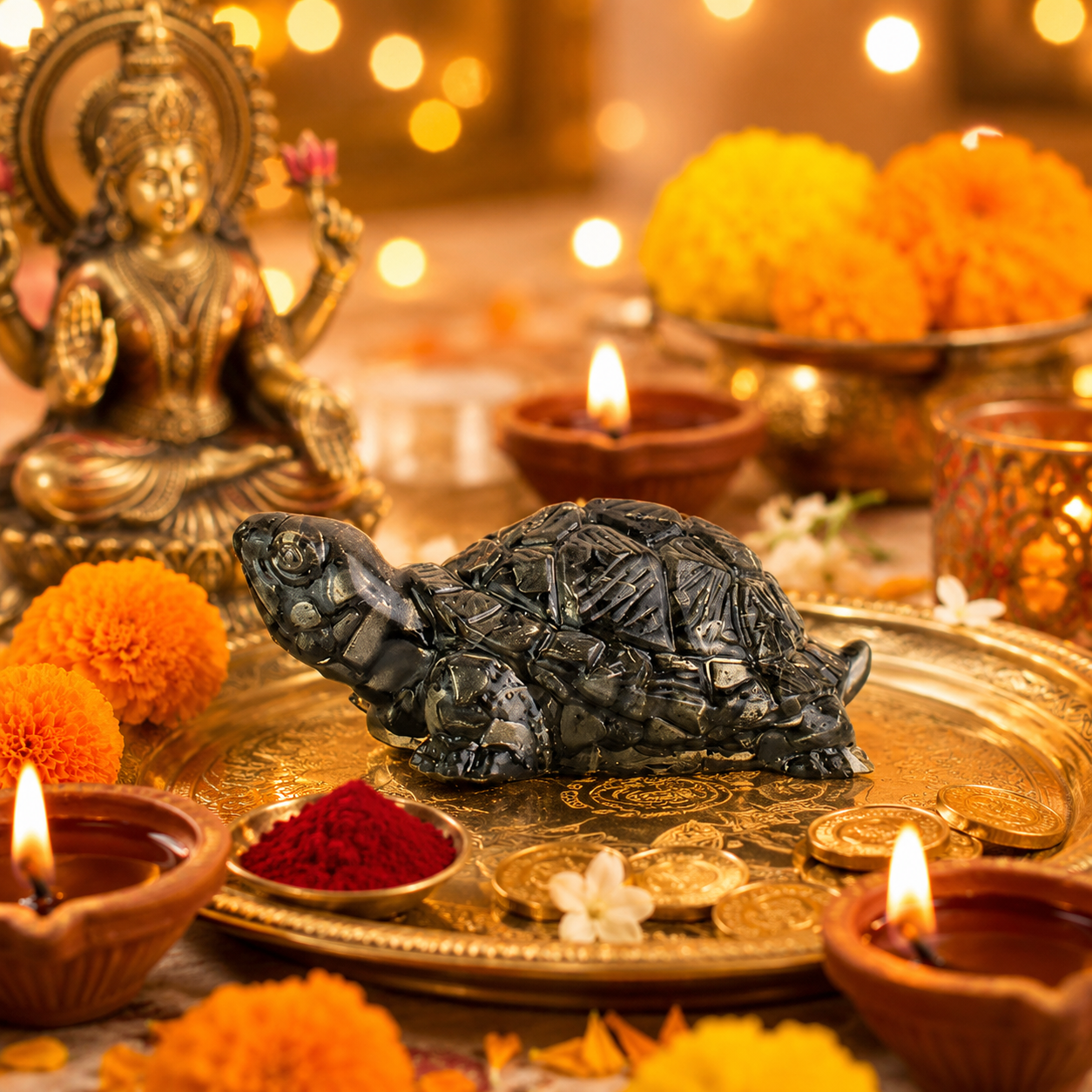 Shukham Golden Pyrite Tortoise Figurine | Vastu Feng Shui Prosperity Idol for Home Puja