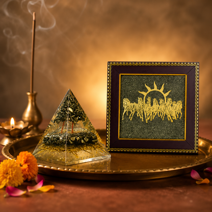 Pyrite Orgonite Money Magnet Pyramid & Seven Running Horses Wall Frame – Prosperity & Abundance Combo Set