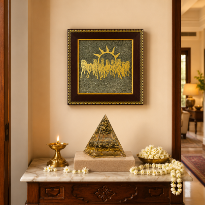 Pyrite Orgonite Money Magnet Pyramid & Seven Running Horses Wall Frame – Prosperity & Abundance Combo Set