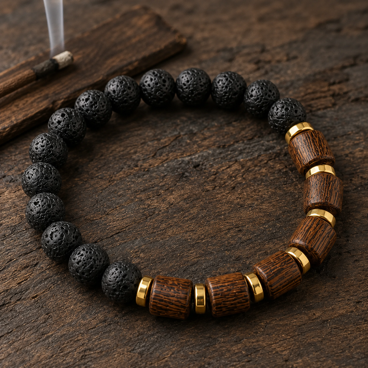 Shukham Natural Lava Stone & Wooden Bead Bracelet for Men – Spiritual Protection Bracelet with Gold Accents