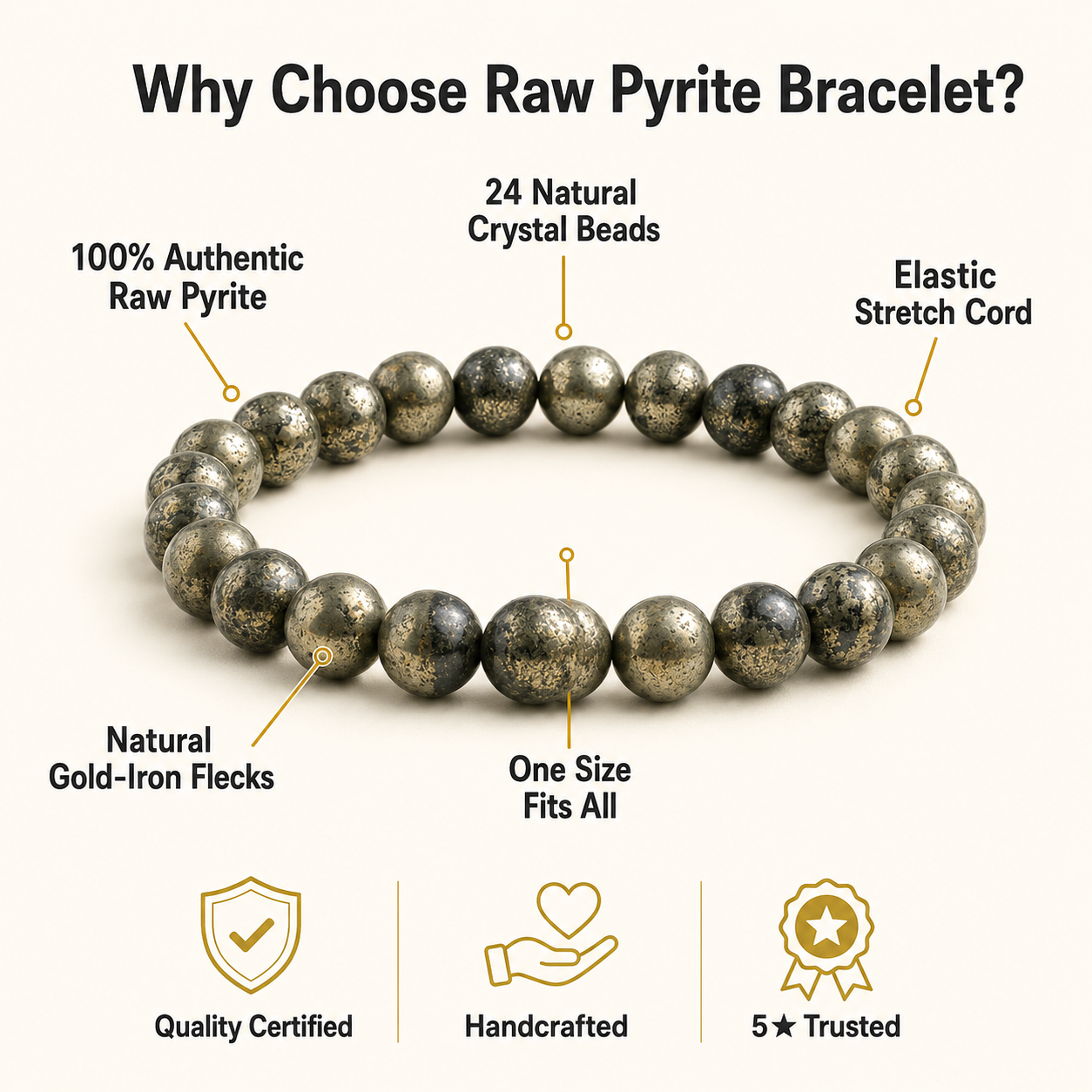 Raw Pyrite Bracelet – 24 Bead Authentic Crystal Bracelet for Prosperity & Abundance