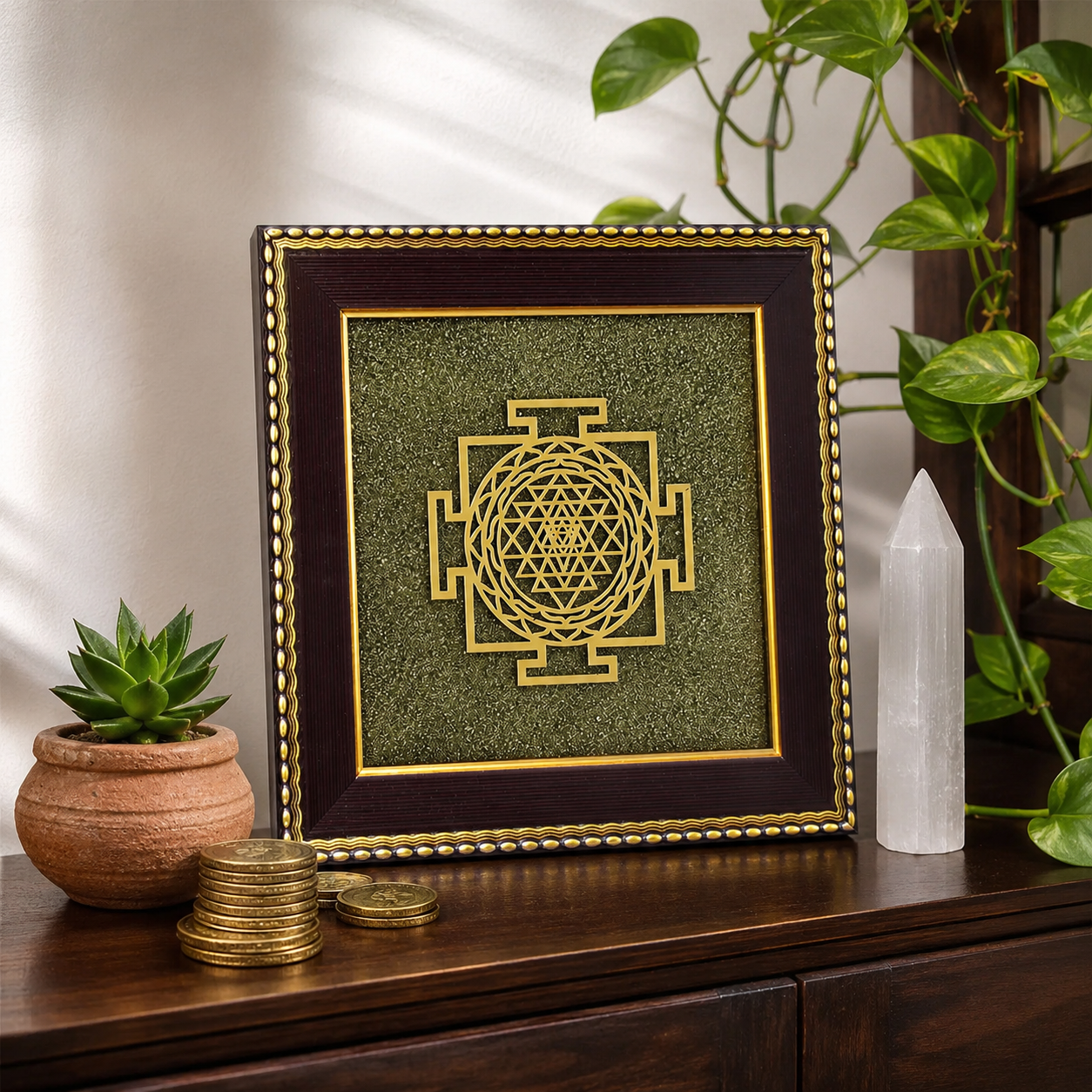 Sri Yantra On Raw Pyrite Frame for Sacred Energy - Invite abundance and divine energy into your home