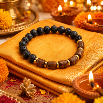 Shukham Natural Lava Stone & Wooden Bead Bracelet for Men – Spiritual Protection Bracelet with Gold Accents