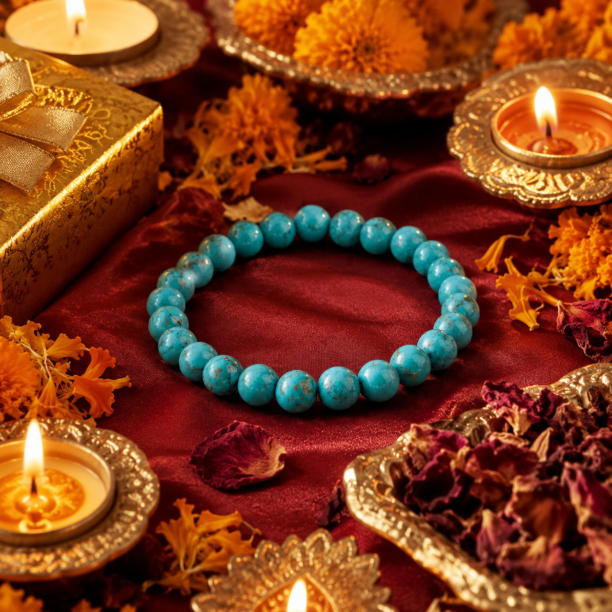 Shukham Natural Turquoise Stone Bracelet – 8mm Beads Elastic Stretch Crystal Healing Wristband