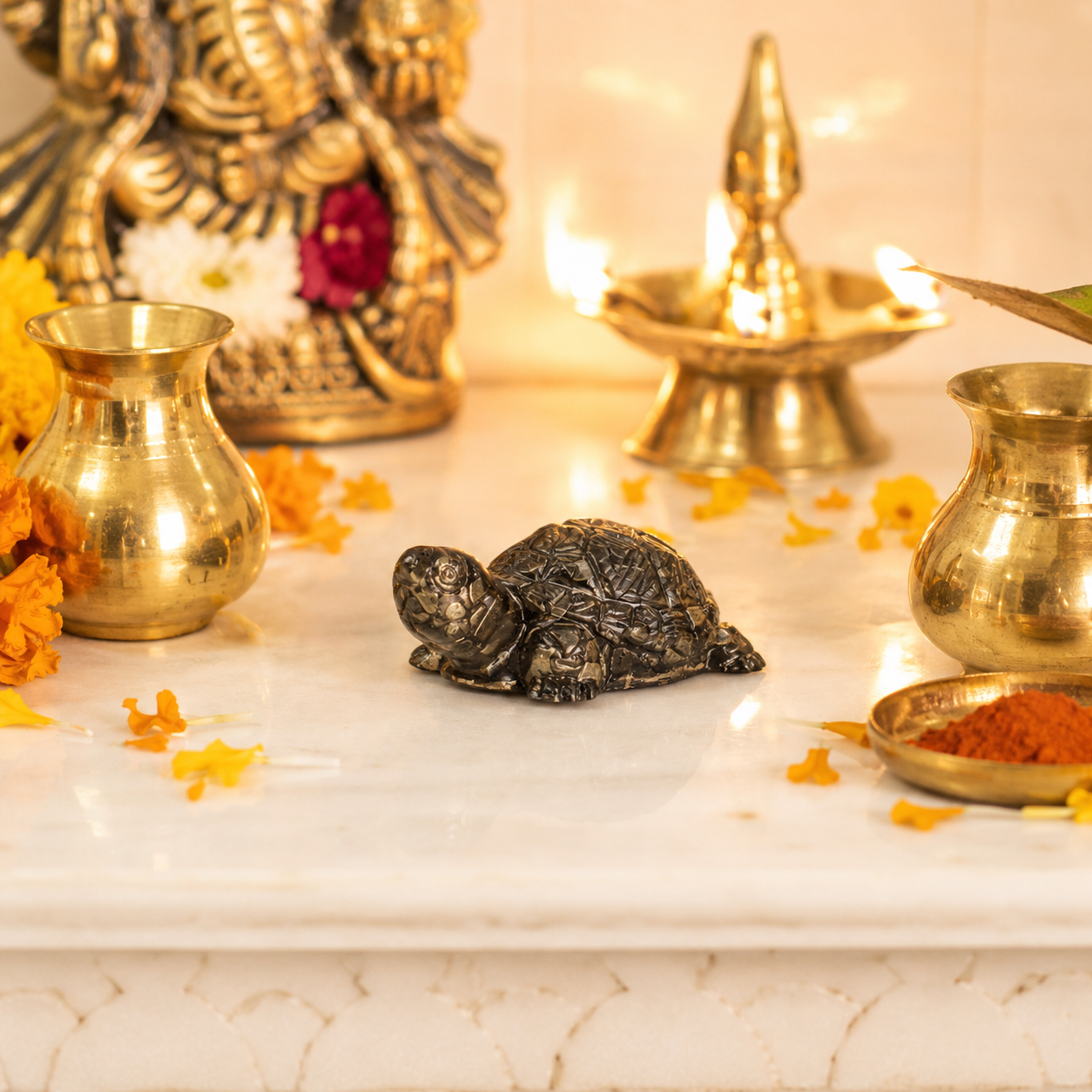 Shukham Golden Pyrite Tortoise Figurine | Vastu Feng Shui Prosperity Idol for Home Puja