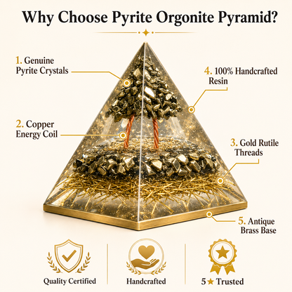 Pyrite Orgonite Pyramid | Prosperity & Abundance Energy Pyramid with Gold Rutile & Copper Coil