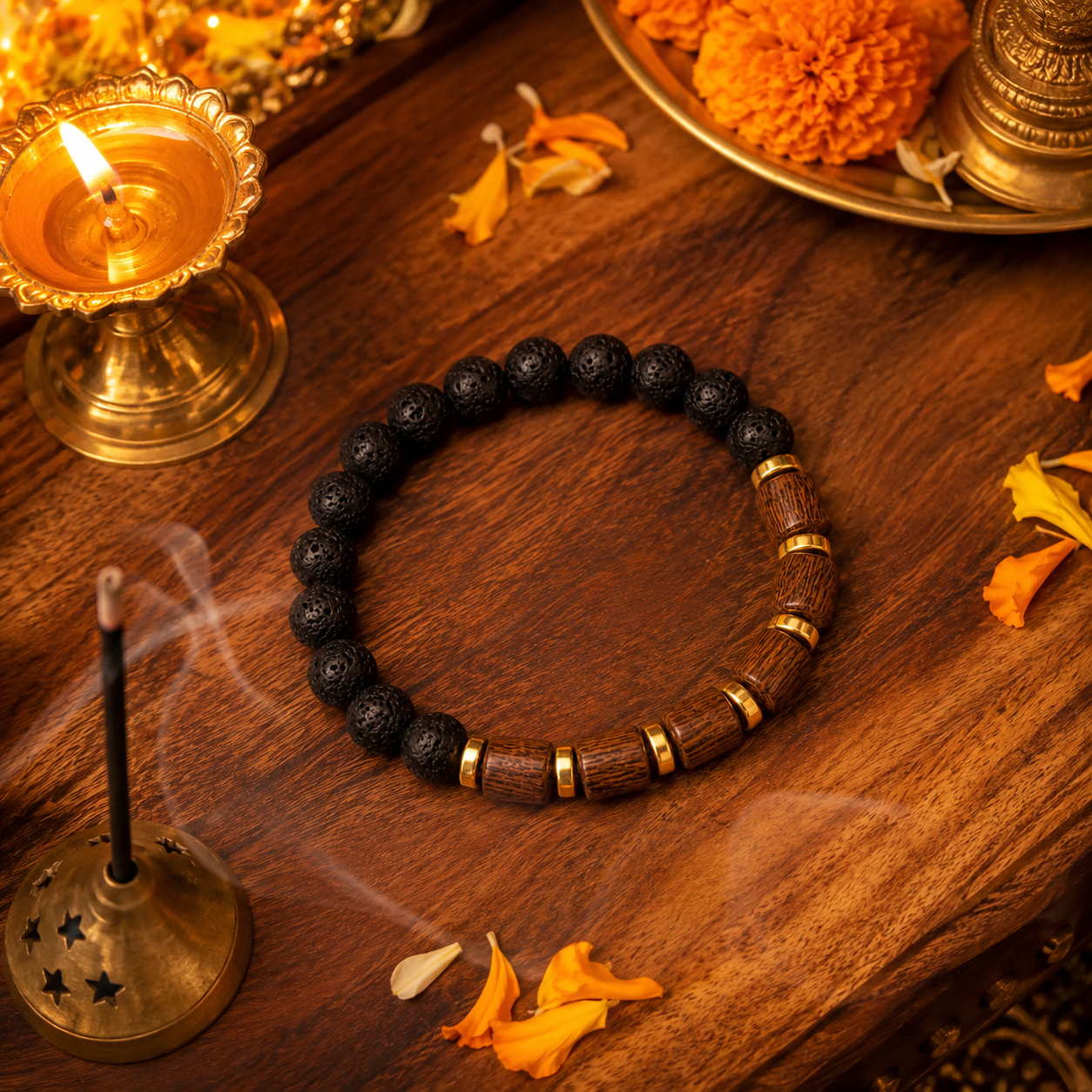 Shukham Natural Lava Stone & Wooden Bead Bracelet for Men – Spiritual Protection Bracelet with Gold Accents