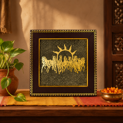 Maha Lakshmi Seven Horses Pyrite Frame - Invite boundless prosperity and unstoppable energy into your home