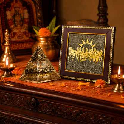 Pyrite Orgonite Money Magnet Pyramid & Seven Running Horses Wall Frame – Prosperity & Abundance Combo Set