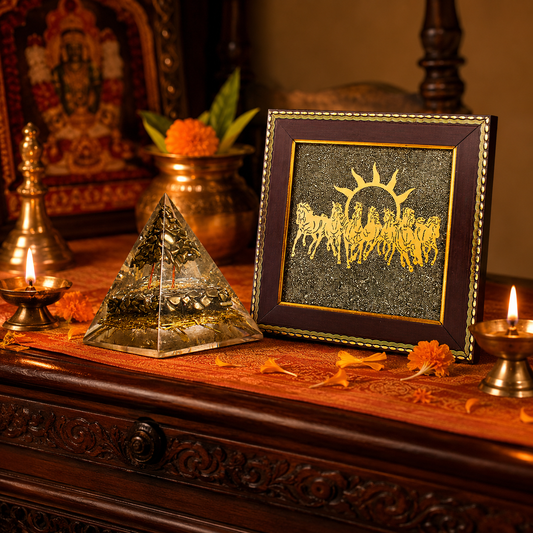Pyrite Orgonite Money Magnet Pyramid & Seven Running Horses Wall Frame – Prosperity & Abundance Combo Set