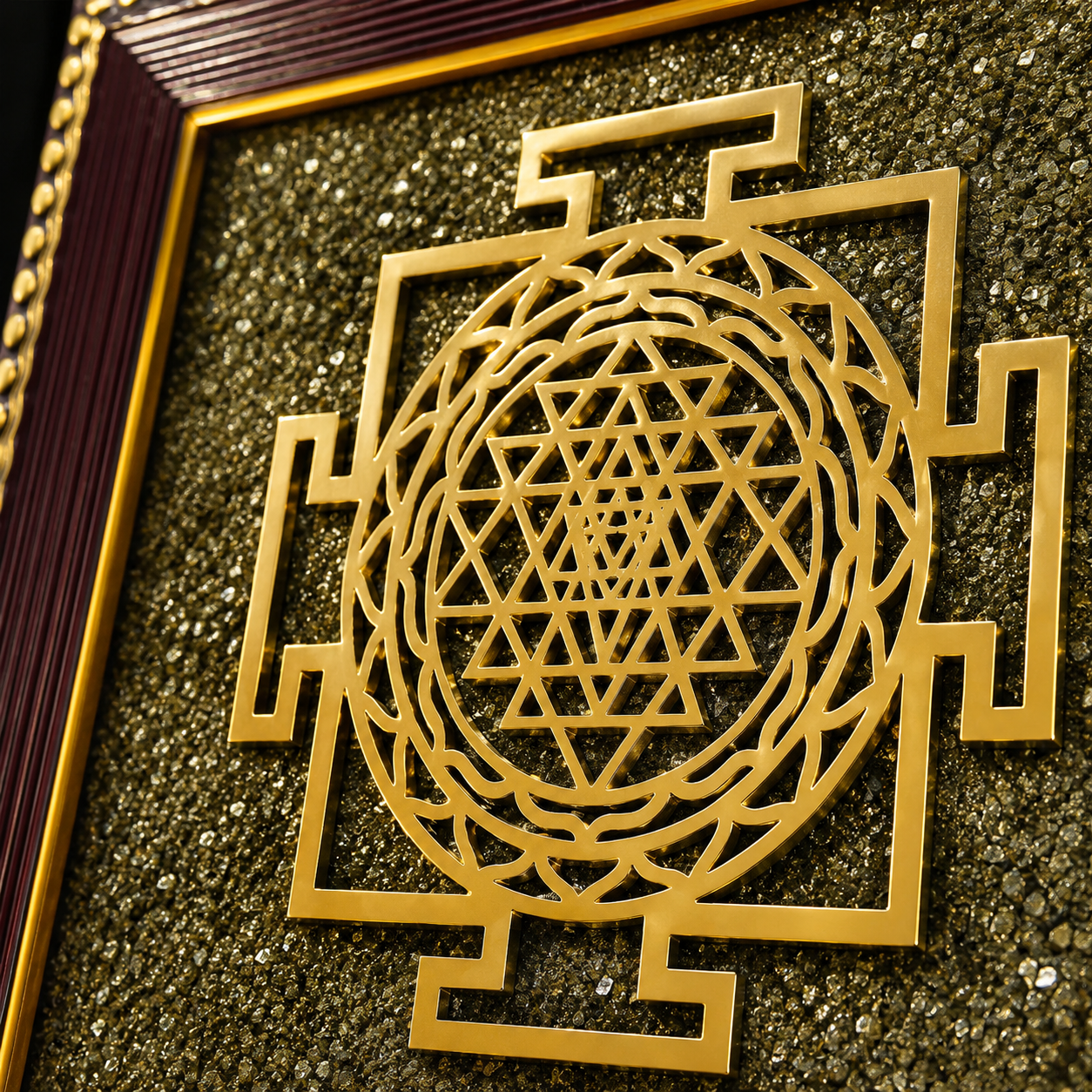 Sri Yantra On Raw Pyrite Frame for Sacred Energy - Invite abundance and divine energy into your home