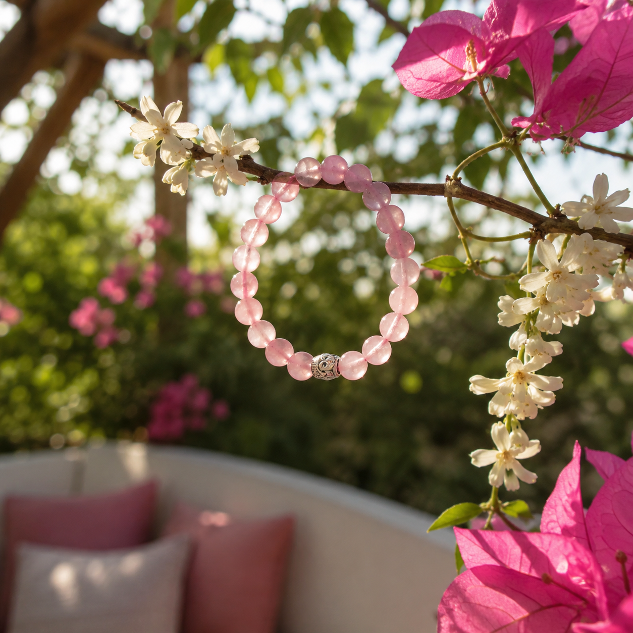 Rose Quartz Love Attraction Bracelet with Silver Buddha Bead | Relationship Healing Crystal Bracelet