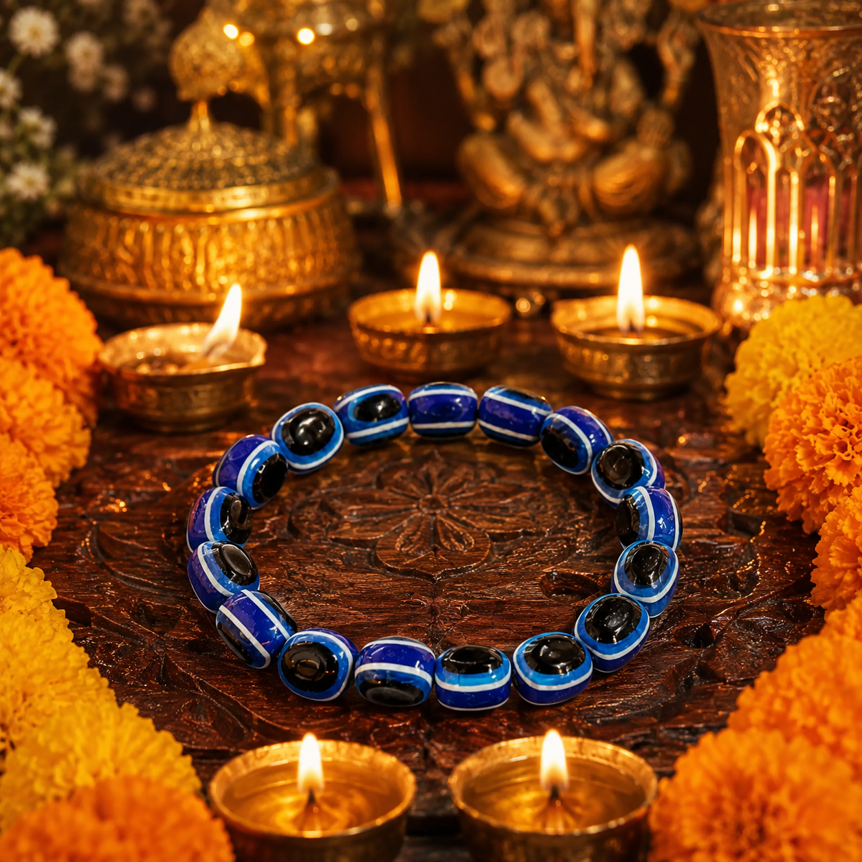 Shukham Blue Evil Eye Beads Unisex Stretch Bracelet – Nazar Protection Charm